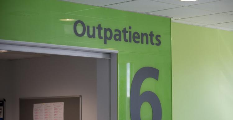 Green wall with grey signage reading 'Level 6. Outpatients' 