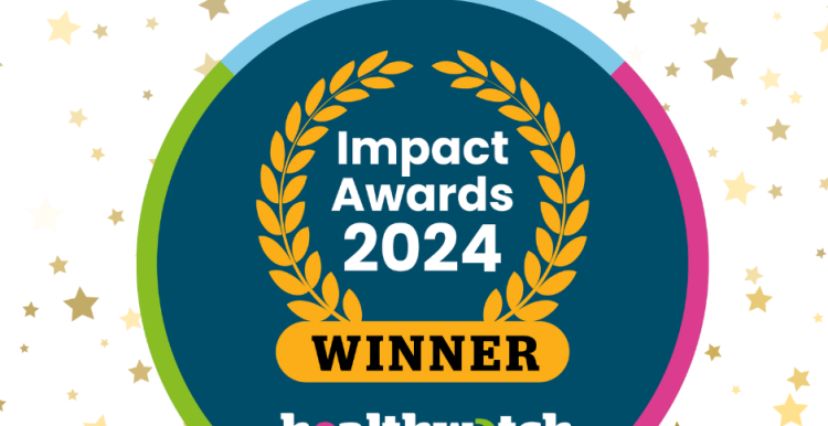 A blue logo with 'Impact Award 2024 winner' written on it, with gold stars in the backgroun