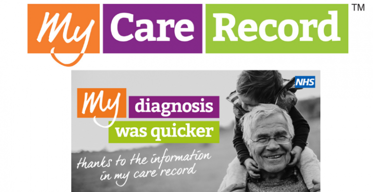 My Care Record logo. Grandad with grandchild and text reading 'my diagnosis was quicker thanks to the information in my care record' My Care Record logo. Text underneath logo reads 'my diagnosis was quicker thanks to the information in my care record'