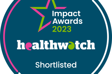 A dark blue background with a pink and green star, with the words 'Impact Awards 2023 Healthwatch shortlisted