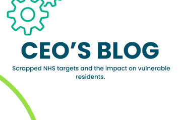 A white background with blue writing that says ;CEO's blog, with a turquoise cog icon 