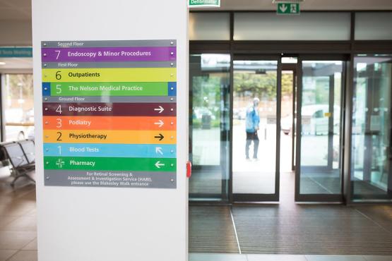 A sign in a doctors surgery and an entrance doorway